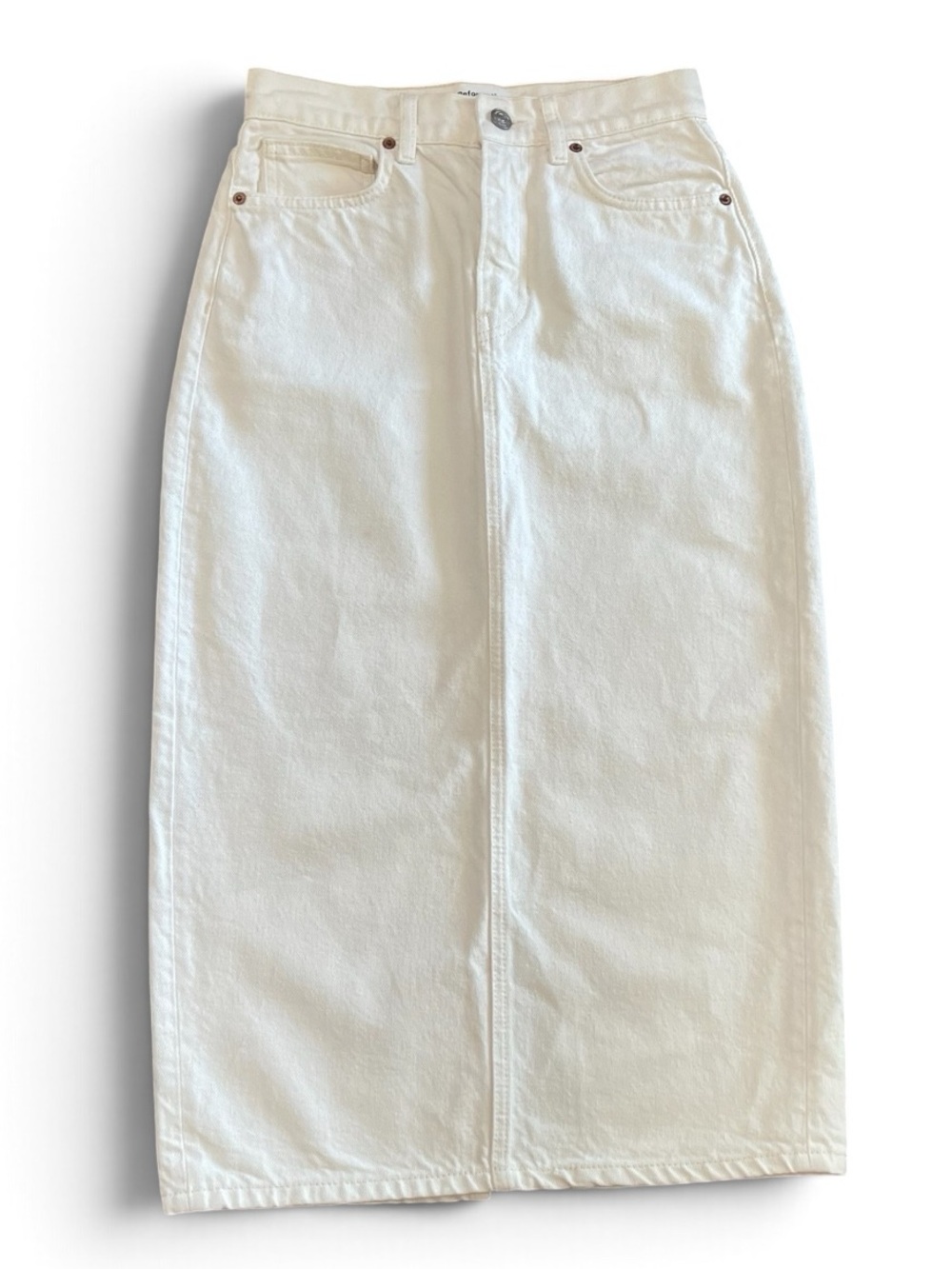 Reformation Jeans Jayde High Rise Cream Denim Midi Skirt Sz 25 100% Cotton